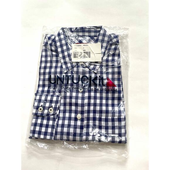 UNTUCKit Gingham Plaid Long Sleeve Button Down Shirt Navy Blue White Size 2 - Picture 7 of 11